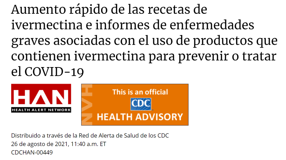 Los CDC advierten contra el uso de ivermectina para tratar o prevenir COVID-19