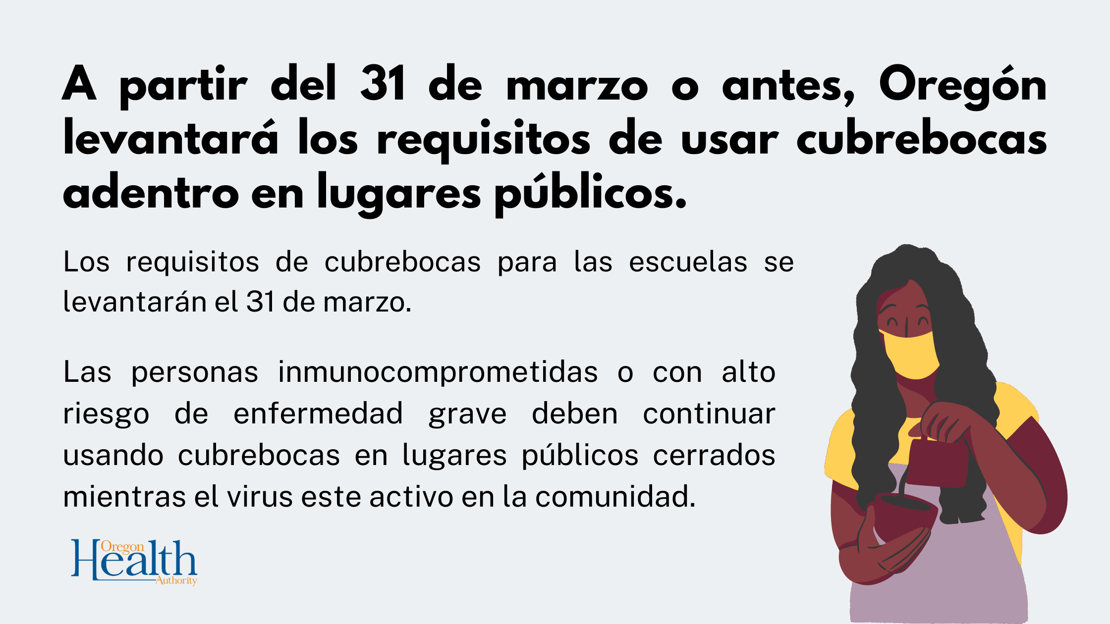 OHA levanta el requisito del uso del cubrebocas en lugares públicos cerrados a no más tardar el 31 de marzo